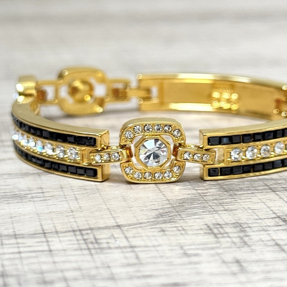 Camrose‎ & Kross JBK Black & Clear Rhinestone Gold Tone Bracelet 8.5"